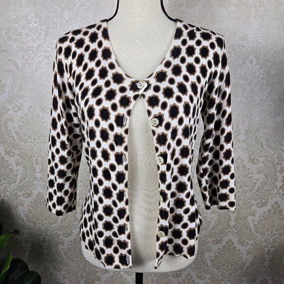Merona Size Small Button Front Cardigan 3/4 Sleeves Cream, Black, Brown Pattern - Picture 1 of 12